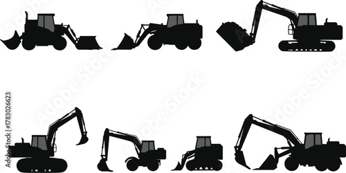 Construction vehicle silhouettes, excavator, bulldozer, loader, heavy machinery, industrial equipment, black outline, profile view, engineering, transportation, infrastructure, digger,