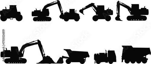 Construction vehicles silhouette, excavator, tractor, dump truck, road roller, heavy machinery, industrial equipment, earthmoving, black shape, isolated, vector, icon, loader, digger, compactor