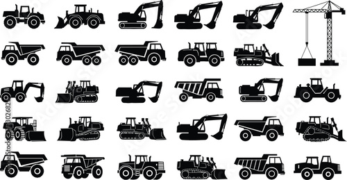 Construction vehicle silhouettes set, heavy machinery icons, industrial equipment collection, excavators, bulldozers, tractors, dump trucks, crane illustration for engineering