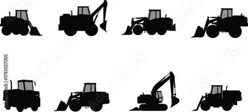 Construction vehicles, excavator silhouettes, loader machines, backhoe profiles, heavy equipment, industrial tools, diggers, machinery icons, black shapes, white background