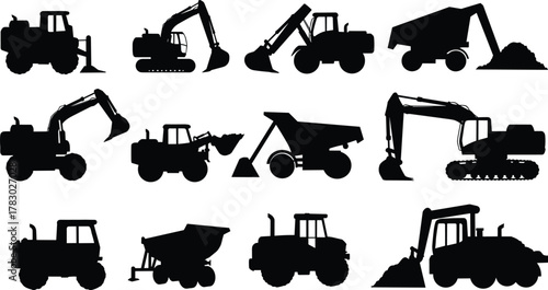 Construction vehicles, heavy machinery, excavators, bulldozers, dump trucks, silhouettes, industrial equipment, earth movers, loaders, backhoe, tractors, site work, infrastructure, engineerin