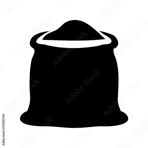 A bold silhouette of a fully loaded burlap sack depicted in stark contrast