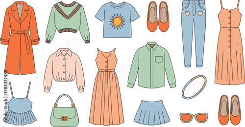 Fashion illustration, trendy clothing, stylish outfits, colorful wardrobe, women’s apparel, accessories collection, modern garments, seasonal wear, flat design, vector art