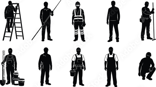 Silhouette construction workers performing various job tasks, tool equipment maintenance, ladder work painting measuring, industrial labor occupation illustration vector set
