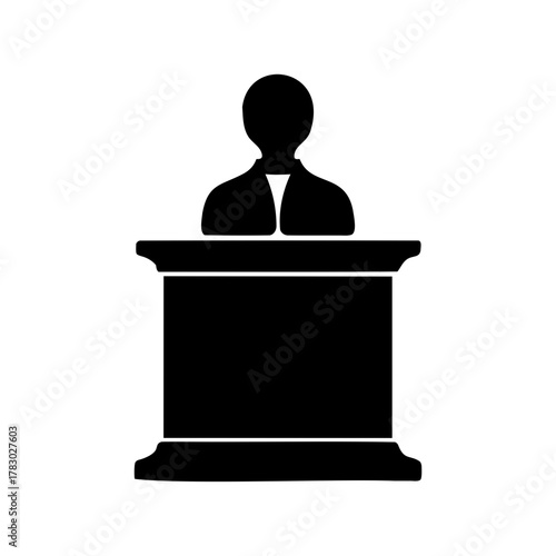 Silhouette of judge or speaker behind a podium in black and white