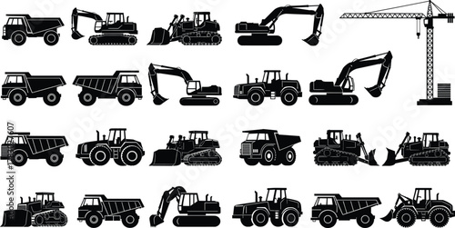 Silhouette construction vehicles heavy machinery set, excavators bulldozers dump trucks tractors crane equipment for industrial building work transportation illustration