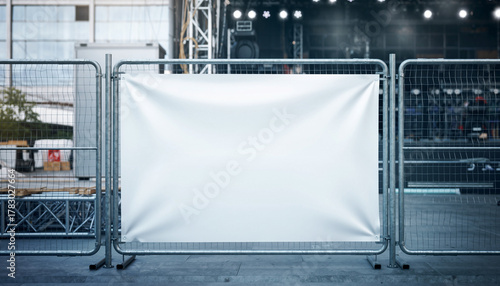 Blank White Banner on Temporary Fence at Outdoor Event Setup