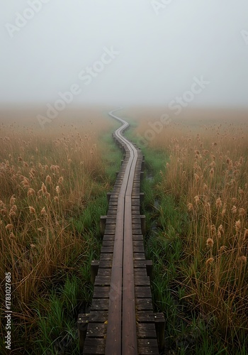 Wooden boardwalk winding through a misty, golden marshland on an overcast day.