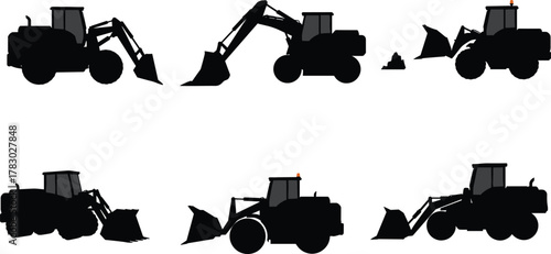 Silhouette, backhoe, loader, construction, vehicle, heavy, machinery, industrial, equipment, excavator, digger, earthmoving, tool, site, engineering, transport, machine, bucket, arm,