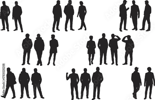 Silhouettes, people, interaction, communication, teamwork, business, casual, standing, talking, gesture, group, diversity, social, connection, lifestyle, abstract, human, pose, crowd, behavior