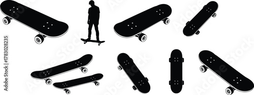 Skateboard silhouette collection, person standing on board, top view, side view, black vector illustration, skate gear, isolated icons, white background