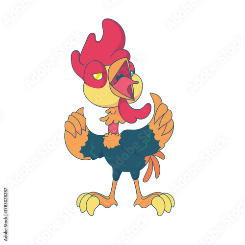 Cheerful and energetic rooster with a cute expression, spreading positive vibes in a lively cartoon style