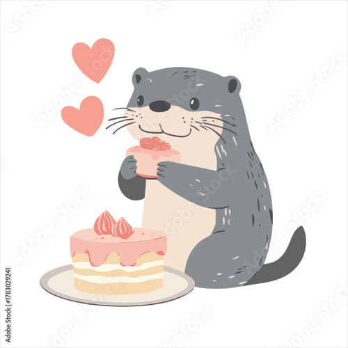 Cute otter enjoying a cake.  Hearts above add to the romantic scene
