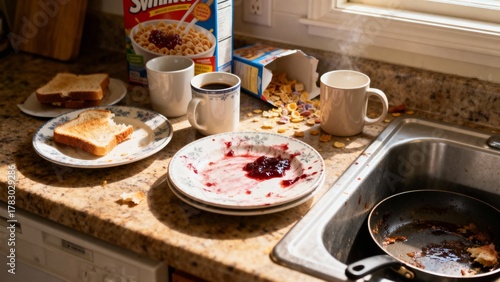 A messy family kitchen after breakfast. An authentic scene from life dirty dishes, coffee mugs in the warm morning light.