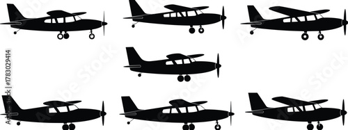Small propeller airplane silhouette, black aircraft icon, aviation graphic, side view plane, flight symbol, vintage airplane, transport illustration