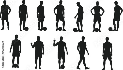 Soccer silhouette poses, football player stances, athletic figure icons, sports movement reference, coaching design asset, training illustration set