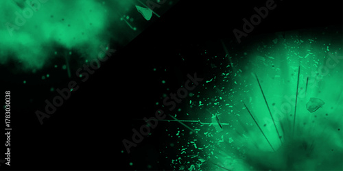 Symmetrical black to gray gradient background.  Captivating Green Cosmic Explosion in the Universe with Stars and Nebulae in Dynamic Celestial Environment. 