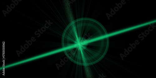 Lens flare effect on black background. A glowing green light beam on a black background, Green Light Flare Abstract Background Lens Flare, Bokeh, Glow, Circle, Energy, Technology, Design. 