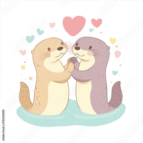 Cute otters holding hands in a romantic scene.  Heart-shaped decorations add to the tender image