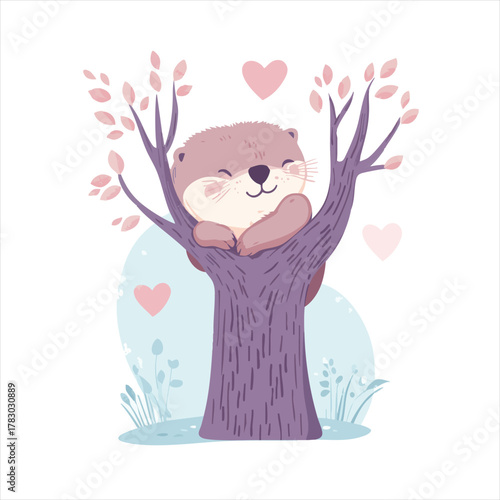 Cute otter in a tree, spring/summer scene.  Sweet,  relaxed,  adorable animal.  Gentle,  peaceful