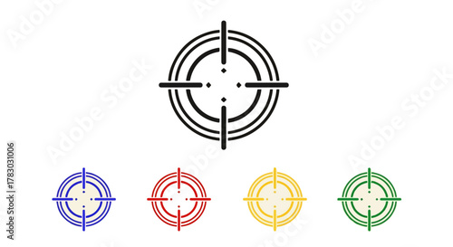 Set of diverse target icons in multiple colors, featuring crosshairs, aim points, and concentric circles, vector graphic elements