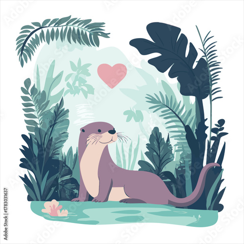 Cute otter in a lush jungle setting with a heart