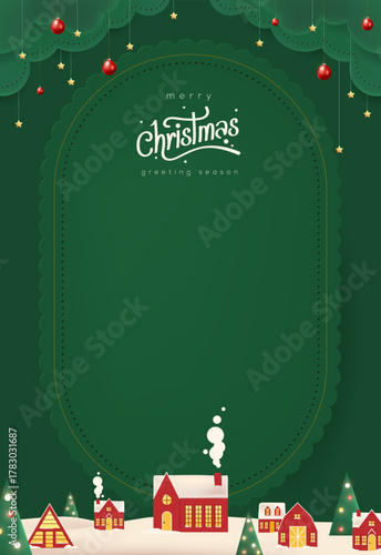 Wallpaper Mural Vertical green Merry Christmas and Happy New Year greeting card banner in paper art style with snowy winter landscape, red village, forest scene, and copy space for holiday celebration background Torontodigital.ca