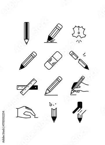 Set of various white icons depicting office and stationery supplies