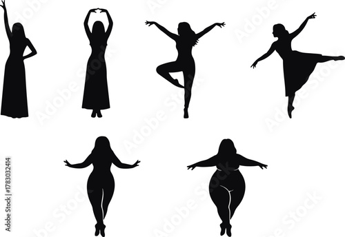 Dynamic black female silhouettes, diverse body types, dancing, posing, elegant and full figure women