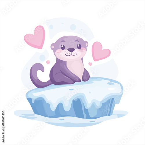 Cute otter on ice floe with hearts