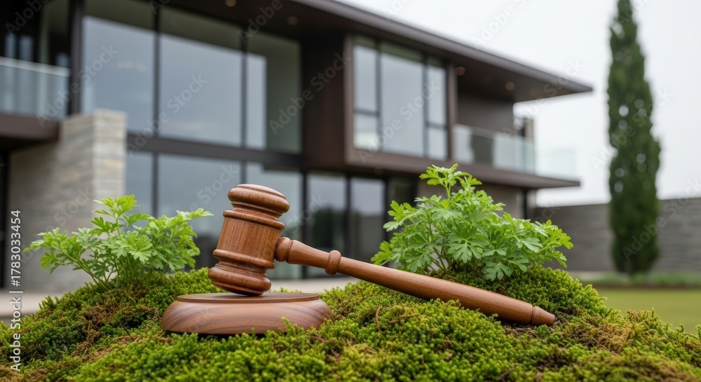 Fototapeta premium A Wooden Gavel Rests on Green Moss in Front of a Modern Mansion on a Cloudy Day