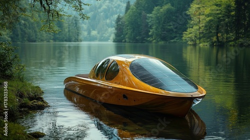 Solar-powered boat on calm lake, surrounded by lush green forest.
