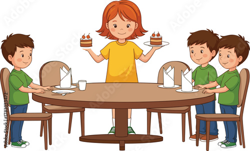 Cartoon kids dining, birthday celebration, children eating cake, festive table setup, happy meal time, cheerful gathering, vector illustration, party scene
