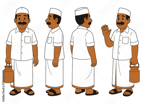 South Indian Milkman Character Turnaround – Tamil Man in Dhoti and Gandhi Cap Holding Milk Can – Flat Color Illustration