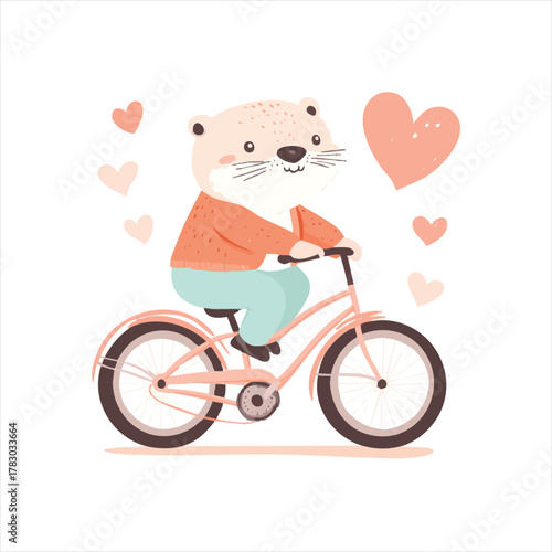 Cute otter on a bike, surrounded by hearts