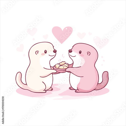 Cute otters sharing a meal, symbolizing love