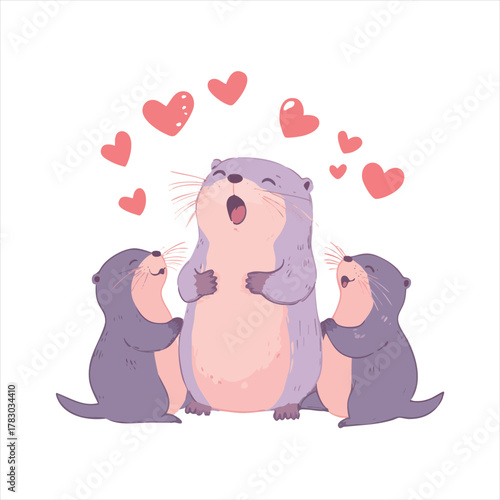 Adorable otters embracing, surrounded by hearts