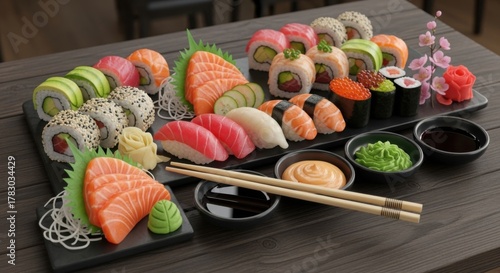 Assorted Sushi and Sashimi Platter with Soy Sauce and Wasab