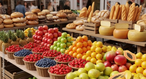Colorful Fruit and Bread Display at Outdoor Market