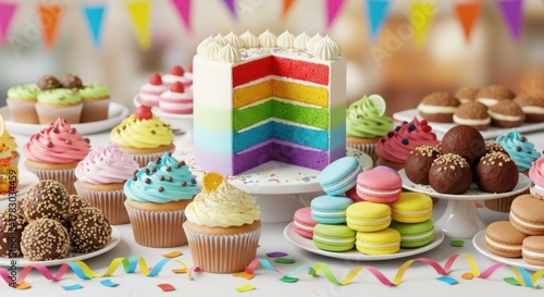 Colorful Rainbow Cake and Cupcakes at Birthday Party