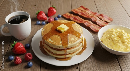 Classic American Breakfast with Pancakes, Bacon, and Coffee