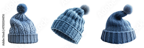 Three blue knitted winter hats isolated on a transparent background 1