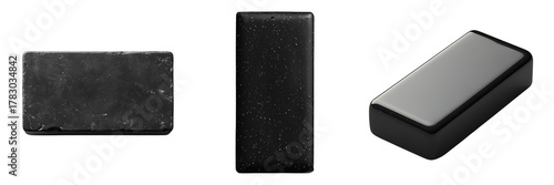 Three dark rectangular objects with different textures isolated on a transparent background