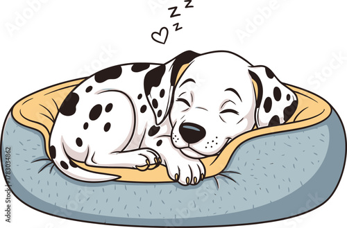 Dalmatian Dog Sleeping Vector Illustration Pet Animal Breed Puppy Canine Spotted Bed Graphic Drawing Design Dream Nap Relaxation Comfort Cute