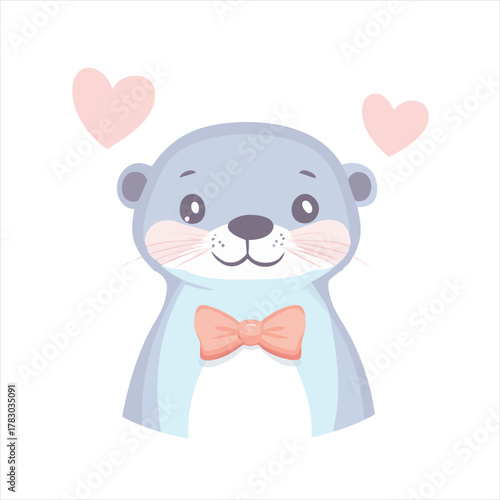 Cute otter wearing a bowtie, surrounded by hearts