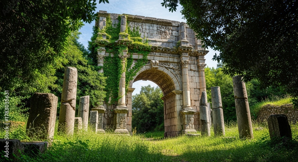 Fototapeta premium Ancient Roman Archway Ruins Overgrown With Green Ivy Lush Foliage Sunlight Through Trees