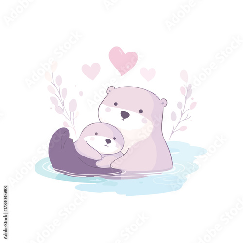 Cute otter mother and baby