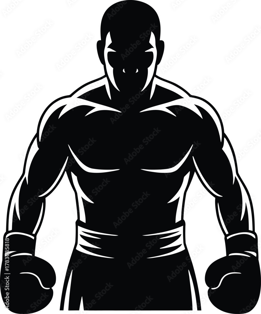 Fototapeta premium Silhouette of Muscular Boxer in Fighting Stance with Boxing Gloves on Transparent Background