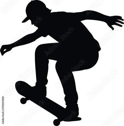Silhouette of a skateboarder mid air performing a kickflip trick urban extreme sport vector illustration