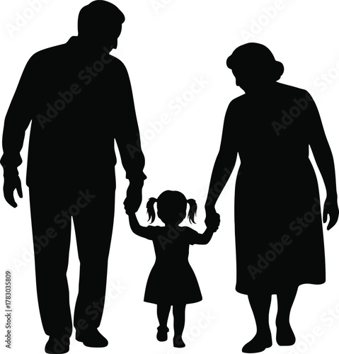 Silhouette of Elderly Couple with Grandchild Walking Together Illustrating Family Support and Unity on Transparent Background